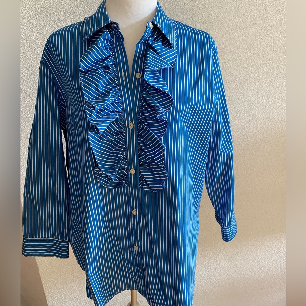 Royal Blue Striped Ruffle Shirt